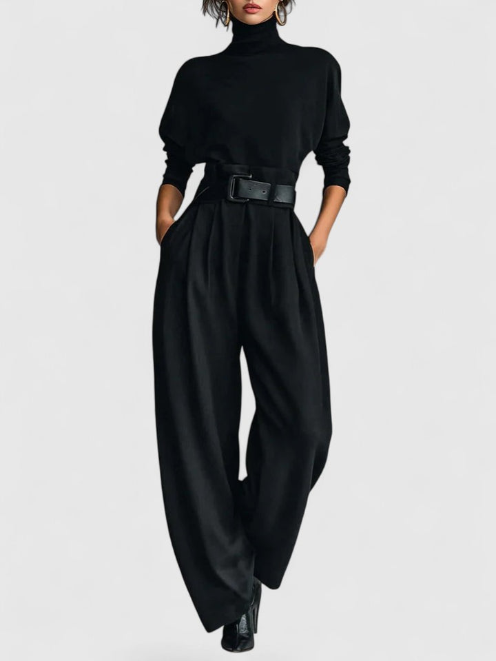 All black Turtleneck Long-sleeved T-shirt And Straight leg Pants Two-piece Set (including Belt)