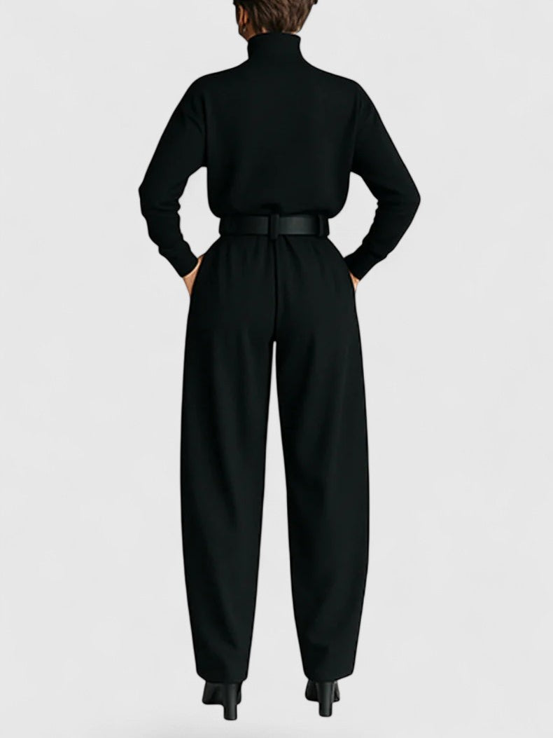 All black Turtleneck Long-sleeved T-shirt And Straight leg Pants Two-piece Set (including Belt)