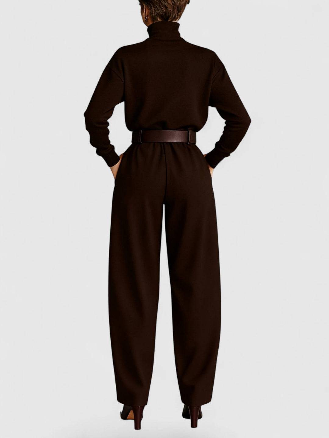 All black Turtleneck Long-sleeved T-shirt And Straight leg Pants Two-piece Set (including Belt)