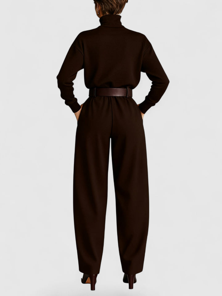 All black Turtleneck Long-sleeved T-shirt And Straight leg Pants Two-piece Set (including Belt)