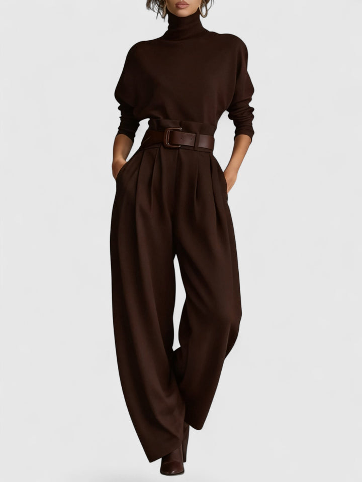 All black Turtleneck Long-sleeved T-shirt And Straight leg Pants Two-piece Set (including Belt)