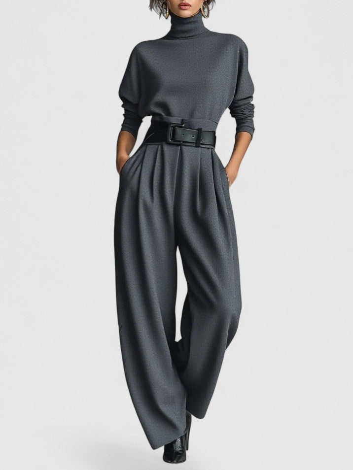 All black Turtleneck Long-sleeved T-shirt And Straight leg Pants Two-piece Set (including Belt)