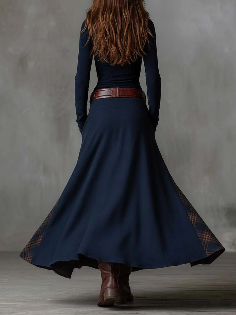 Navy Plaid Paneled Vintage Suede Maxi Dress (with belt)