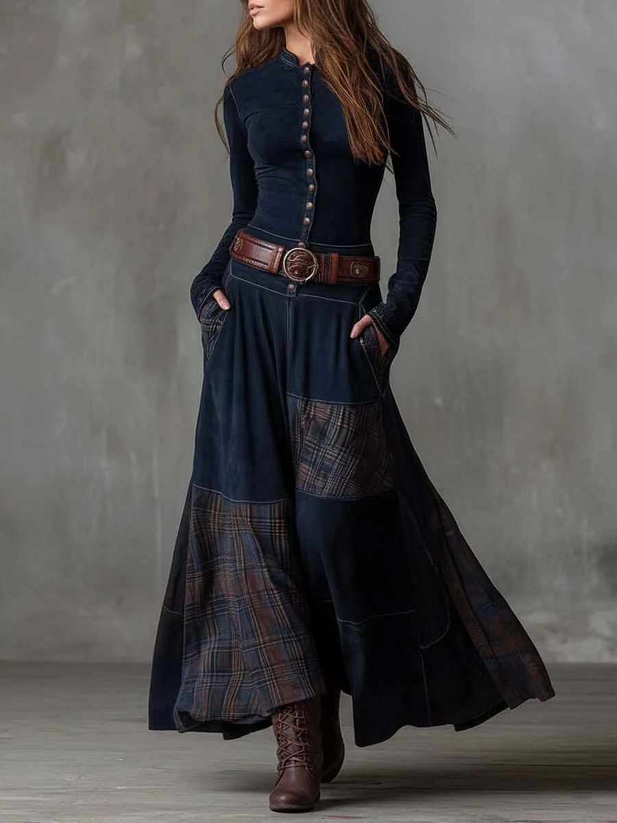 Navy Plaid Paneled Vintage Suede Maxi Dress (with belt)