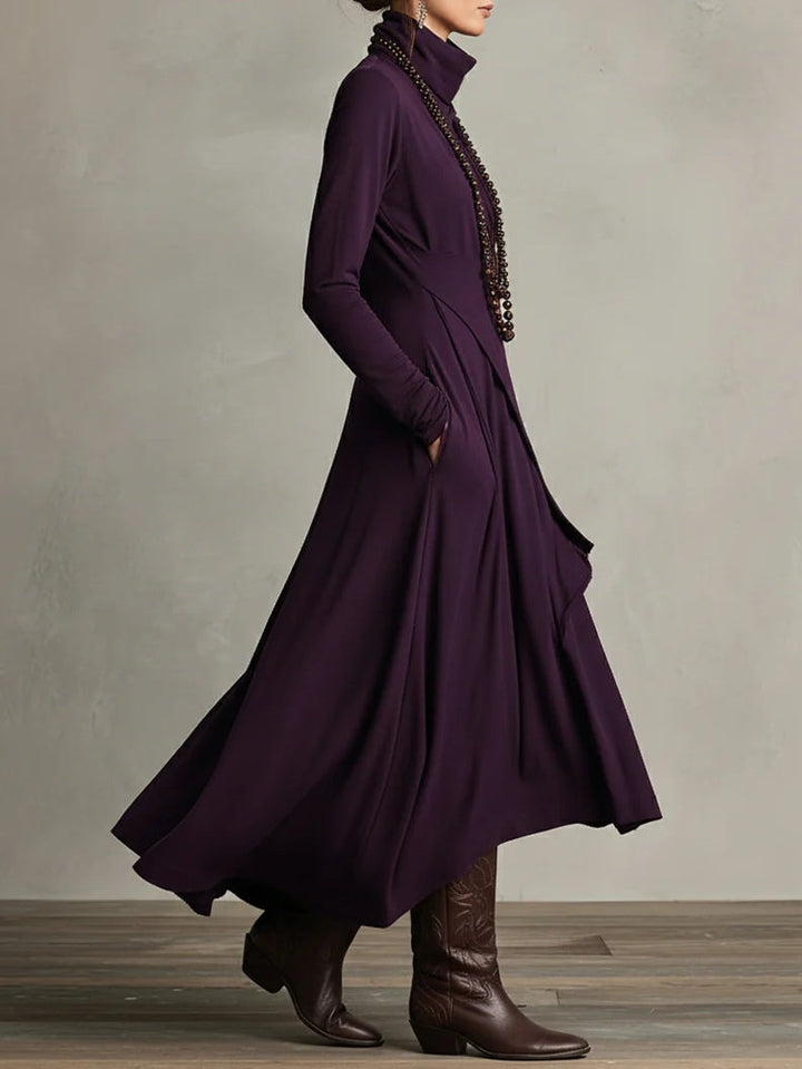 Purple High neck Asymmetrical Pleated Maxi Dress