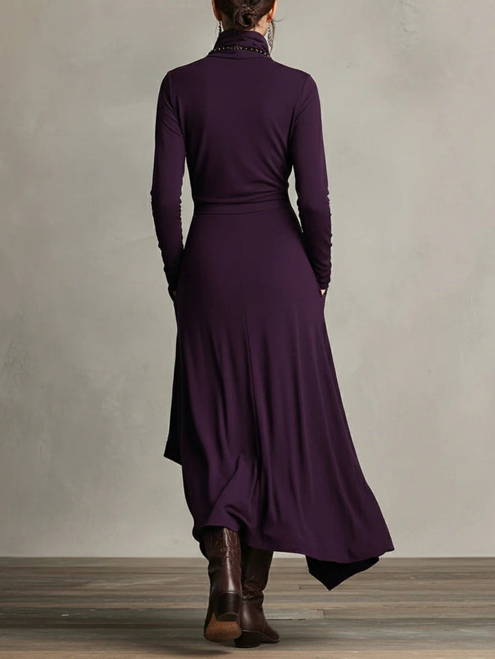 Purple High neck Asymmetrical Pleated Maxi Dress