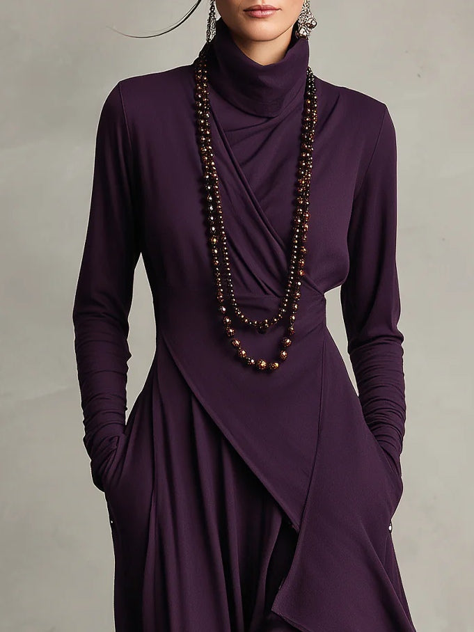 Purple High neck Asymmetrical Pleated Maxi Dress
