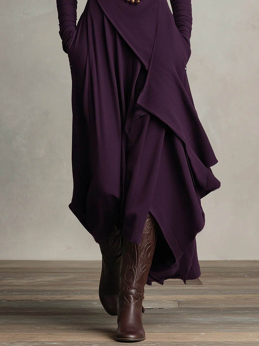 Purple High neck Asymmetrical Pleated Maxi Dress