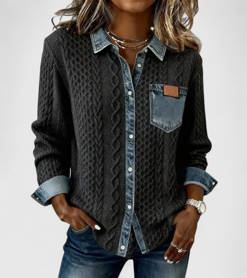 Amber | Patchwork Knit Top with Denim Details