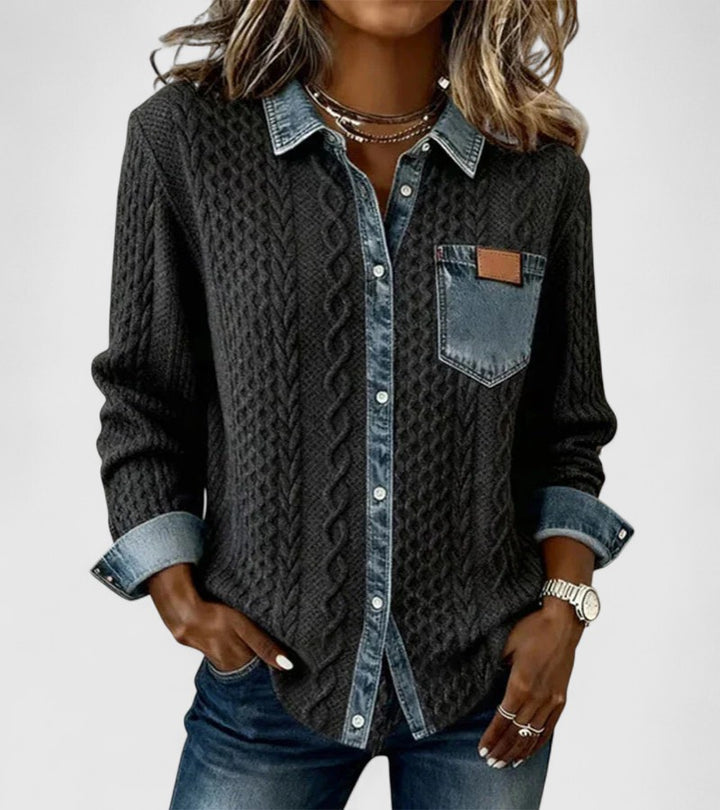 Amber | Patchwork Knit Top with Denim Details