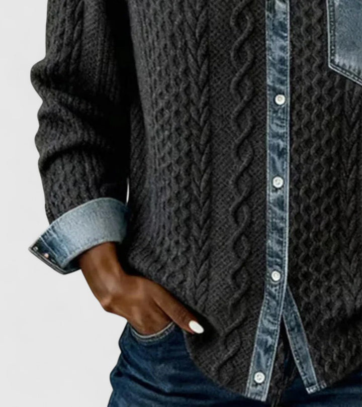 Amber | Patchwork Knit Top with Denim Details