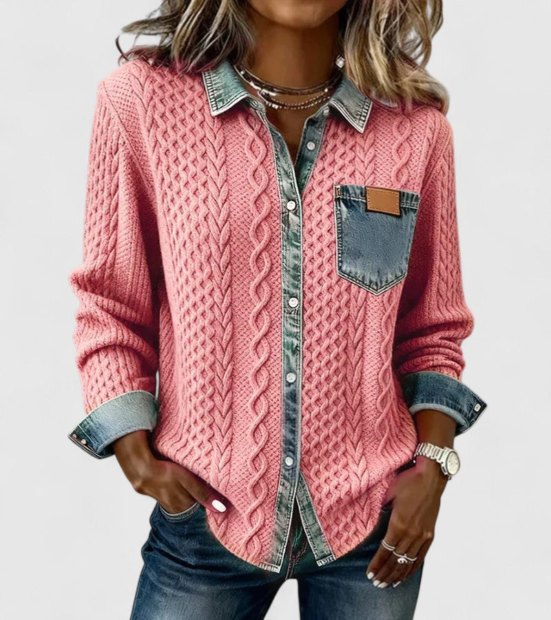 Amber | Patchwork Knit Top with Denim Details