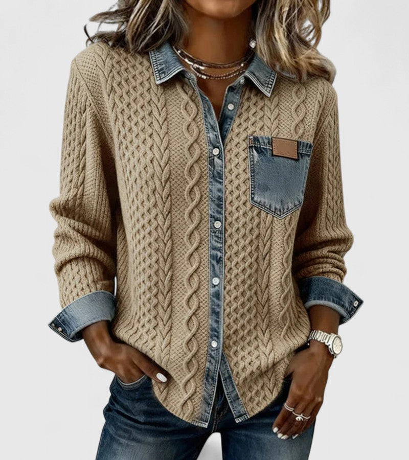 Amber | Patchwork Knit Top with Denim Details