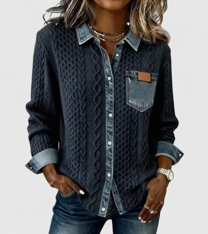 Amber | Patchwork Knit Top with Denim Details