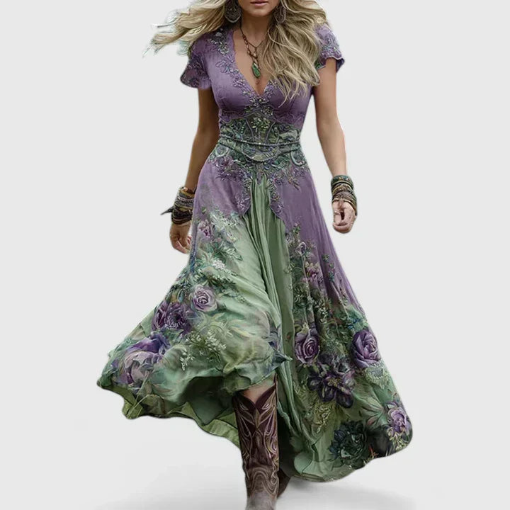 Lunessia – Printed V Neck Maxi Dress
