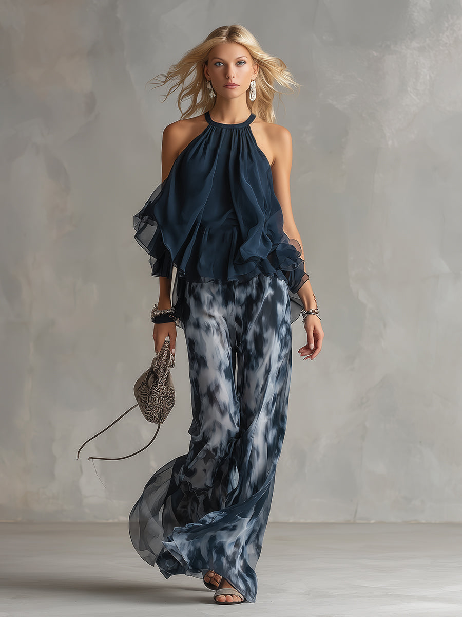 Ludovica | Elegant chiffon set with a high-neck top and wide-leg printed pants