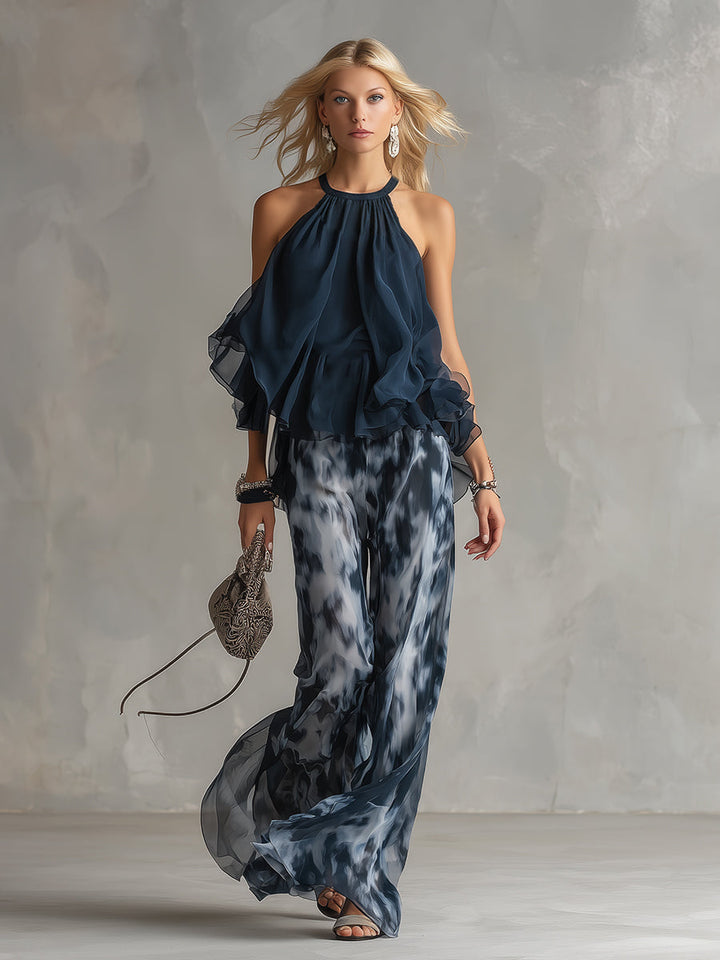 Ludovica | Elegant chiffon set with a high-neck top and wide-leg printed pants