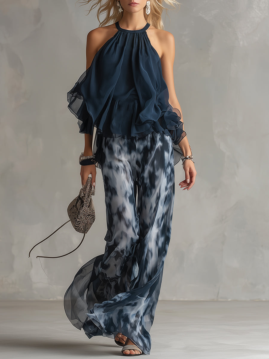 Ludovica | Elegant chiffon set with a high-neck top and wide-leg printed pants