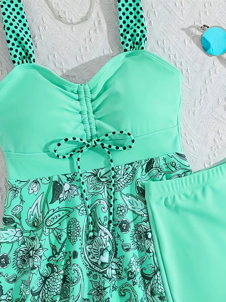 mint | Floral tummy-covering swimsuit set