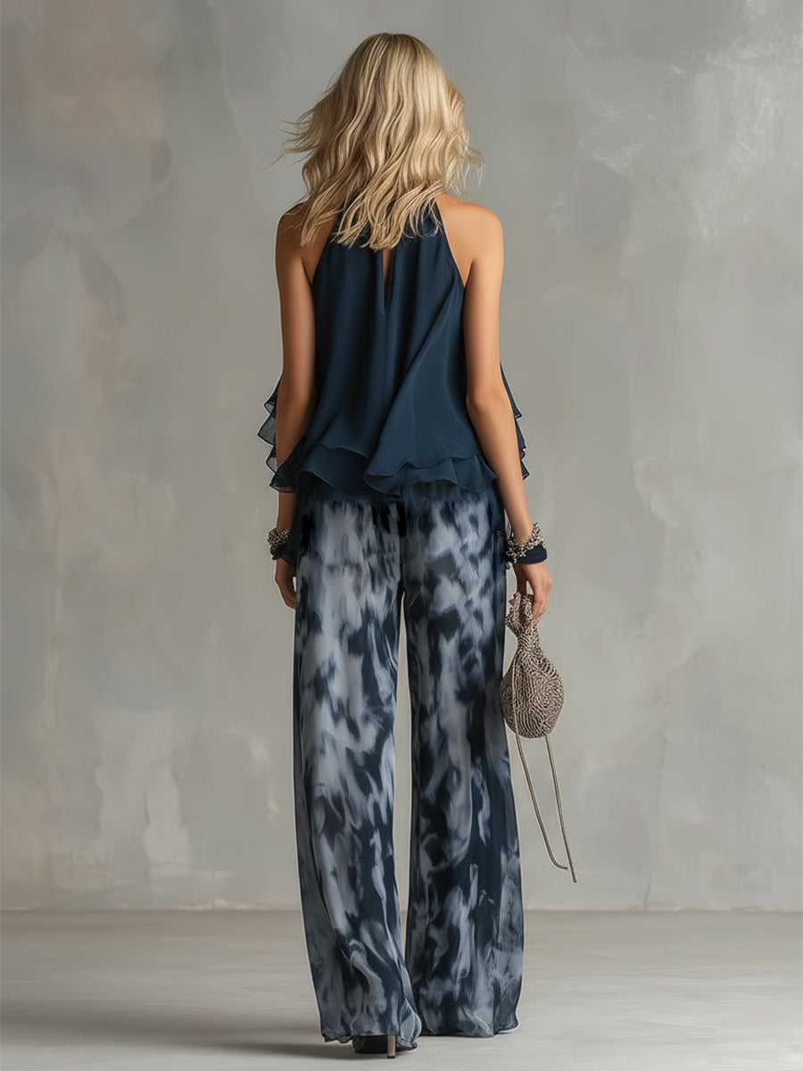Ludovica | Elegant chiffon set with a high-neck top and wide-leg printed pants