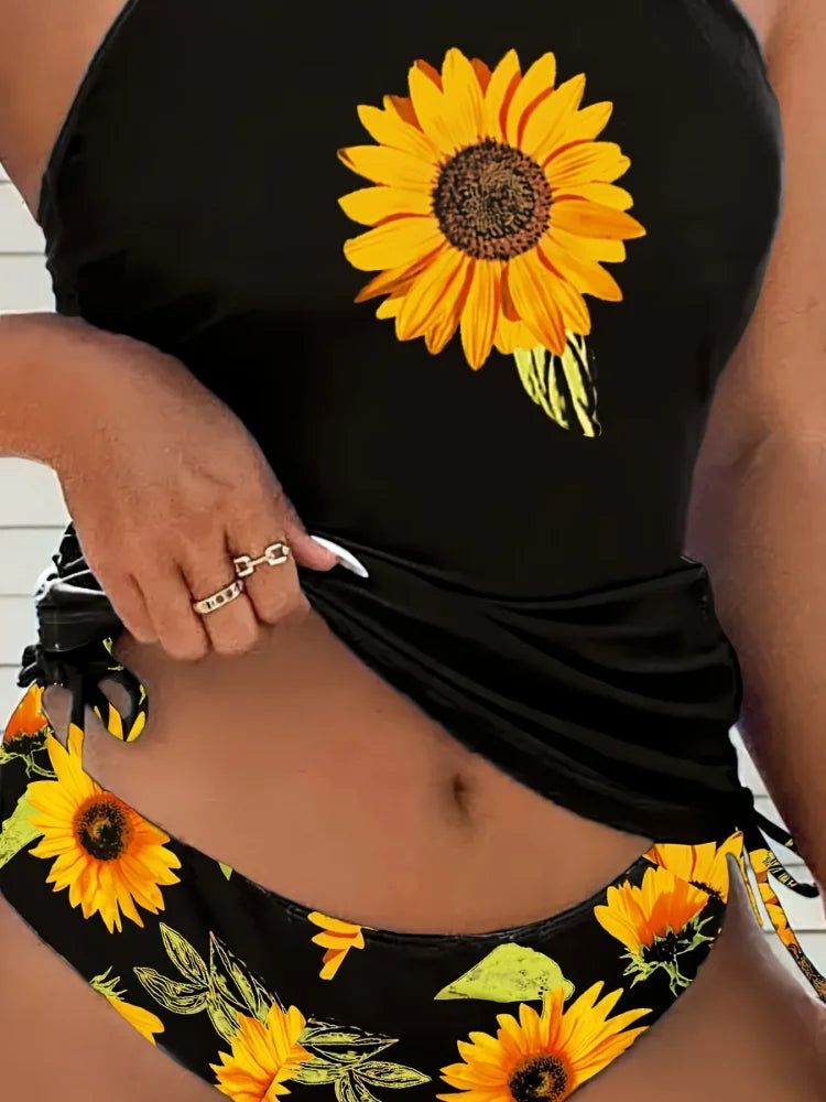 Sunny | Sunflower Halter Tankini Set that Covers the Belly