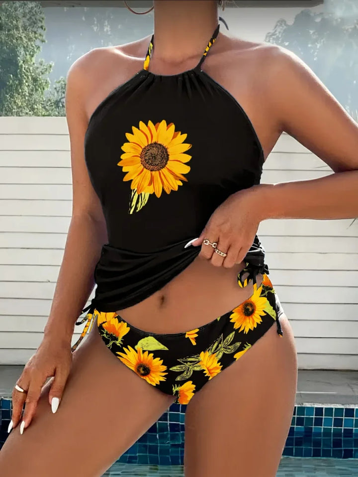 Sunny | Sunflower Halter Tankini Set that Covers the Belly