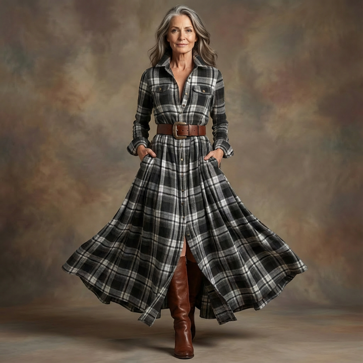 Retro Lapel Reddish Brown Plaid Maxi Dress