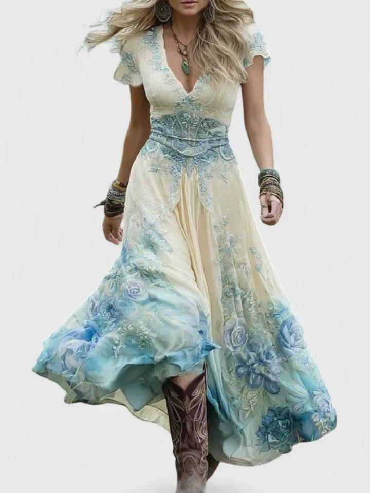 Lunessia – Printed V Neck Maxi Dress