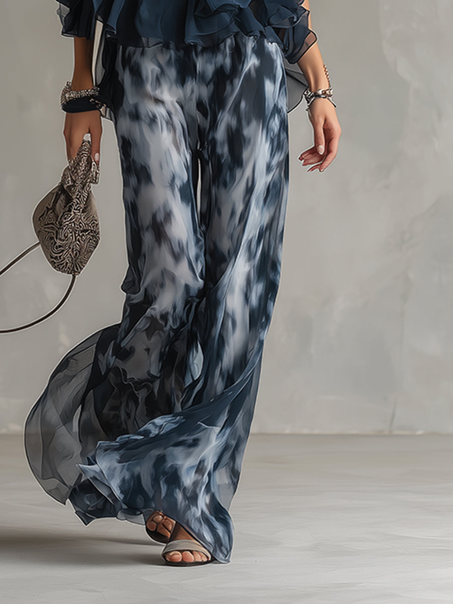 Ludovica | Elegant chiffon set with a high-neck top and wide-leg printed pants