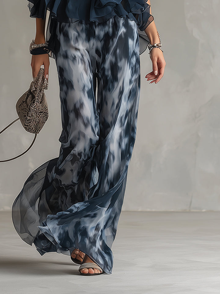 Ludovica | Elegant chiffon set with a high-neck top and wide-leg printed pants