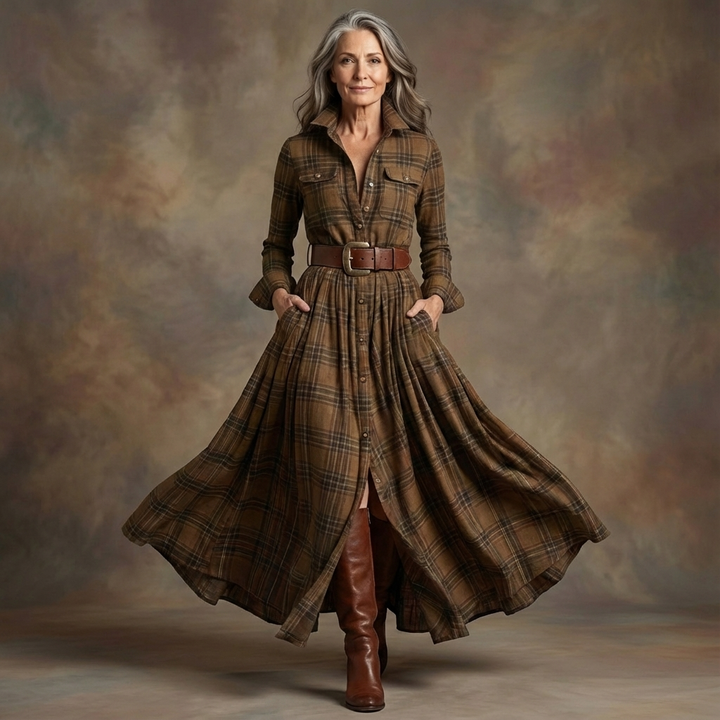 Retro Lapel Reddish Brown Plaid Maxi Dress
