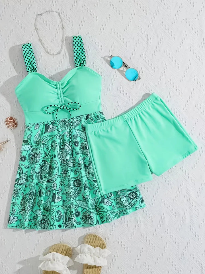 mint | Floral tummy-covering swimsuit set