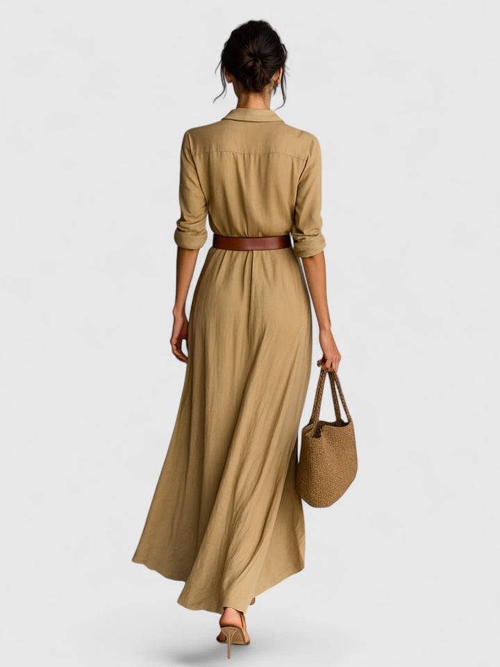 Lapel Single Breasted Long Sleeve Belted Maxi Dress