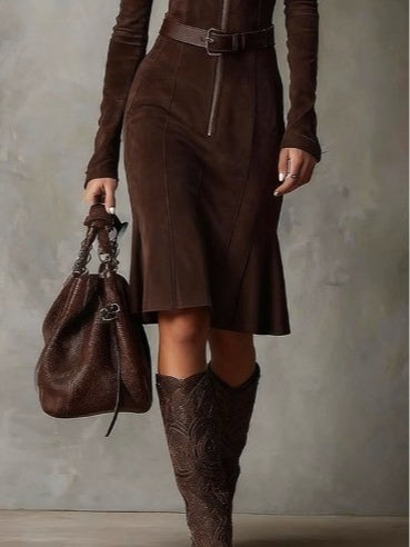 Brown Vintage Zipper Belted Midi Dress (Includes belt）