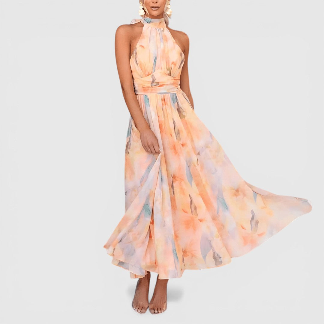 Esther | Flattering Halterneck Watercolor Maxi Dress