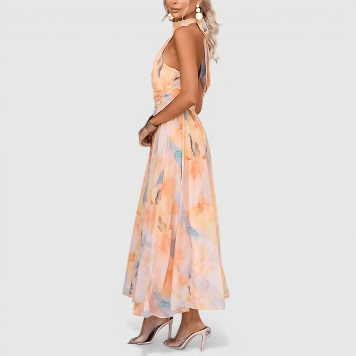 Esther | Flattering Halterneck Watercolor Maxi Dress